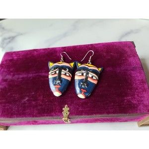 Vintage Handpainted Wooden Cat Dangling Pierced Earrings
